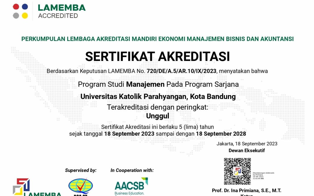 Prodi Sarjana Manajemen UNPAR Raih Peringkat Unggul LAMEMBA