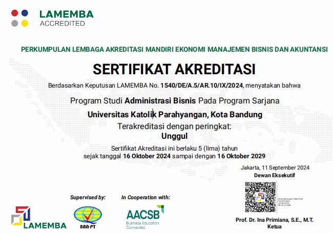 Program Studi Sarjana Administrasi Bisnis Universitas Katolik Parahyangan Raih Akreditasi Unggul dari LAMEMBA