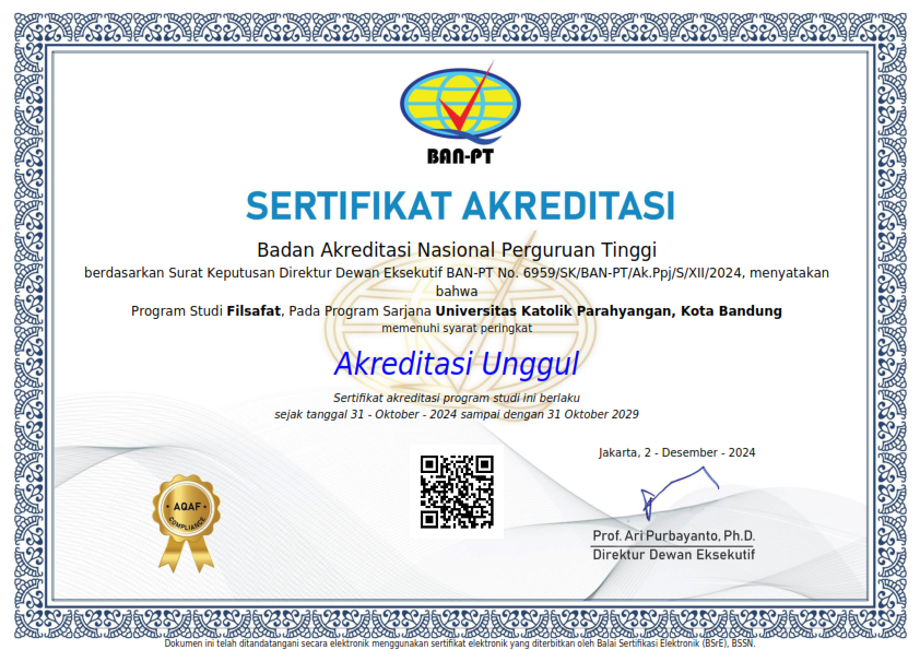 Program Studi Sarjana Filsafat Universitas Katolik Parahyangan Raih Akreditasi Unggul dari BAN-PT