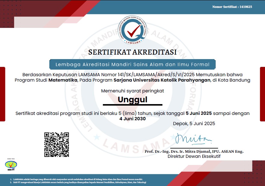 Program Studi Matematika Program Sarjana UNPAR Kembali Raih Akreditasi UNGGUL hingga 4 Juni 2030