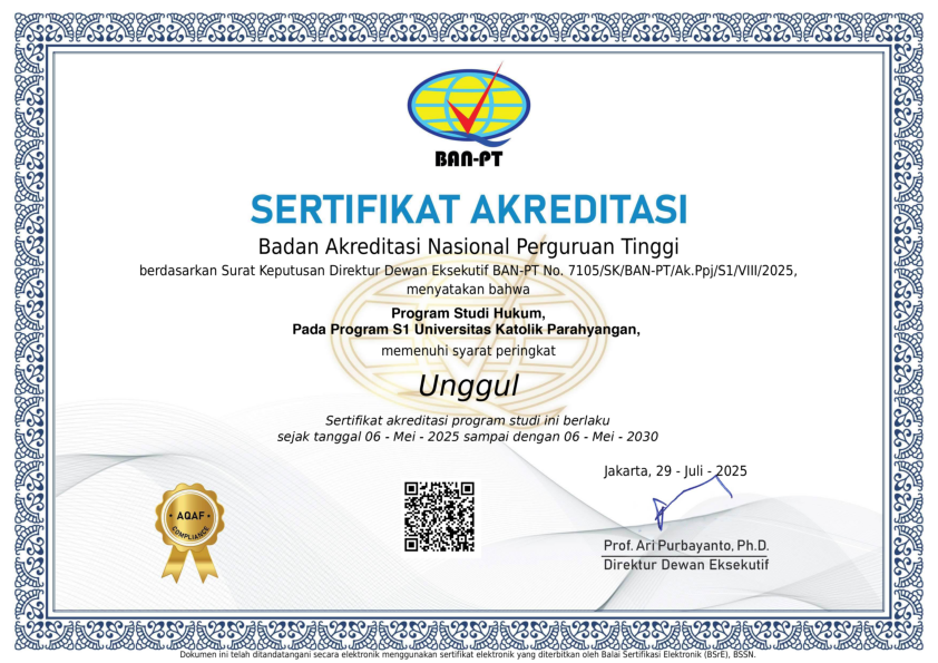 Program Studi Sarjana Hukum Universitas Katolik Parahyangan Raih Kembali Akreditasi Unggul dari BAN-PT